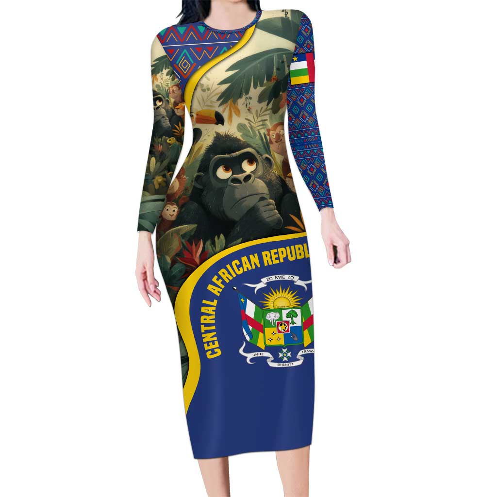 Central African Republic Long Sleeve Bodycon Dress with Jungle Animal Design and National Emblem Pattern - Wonder Print Shop