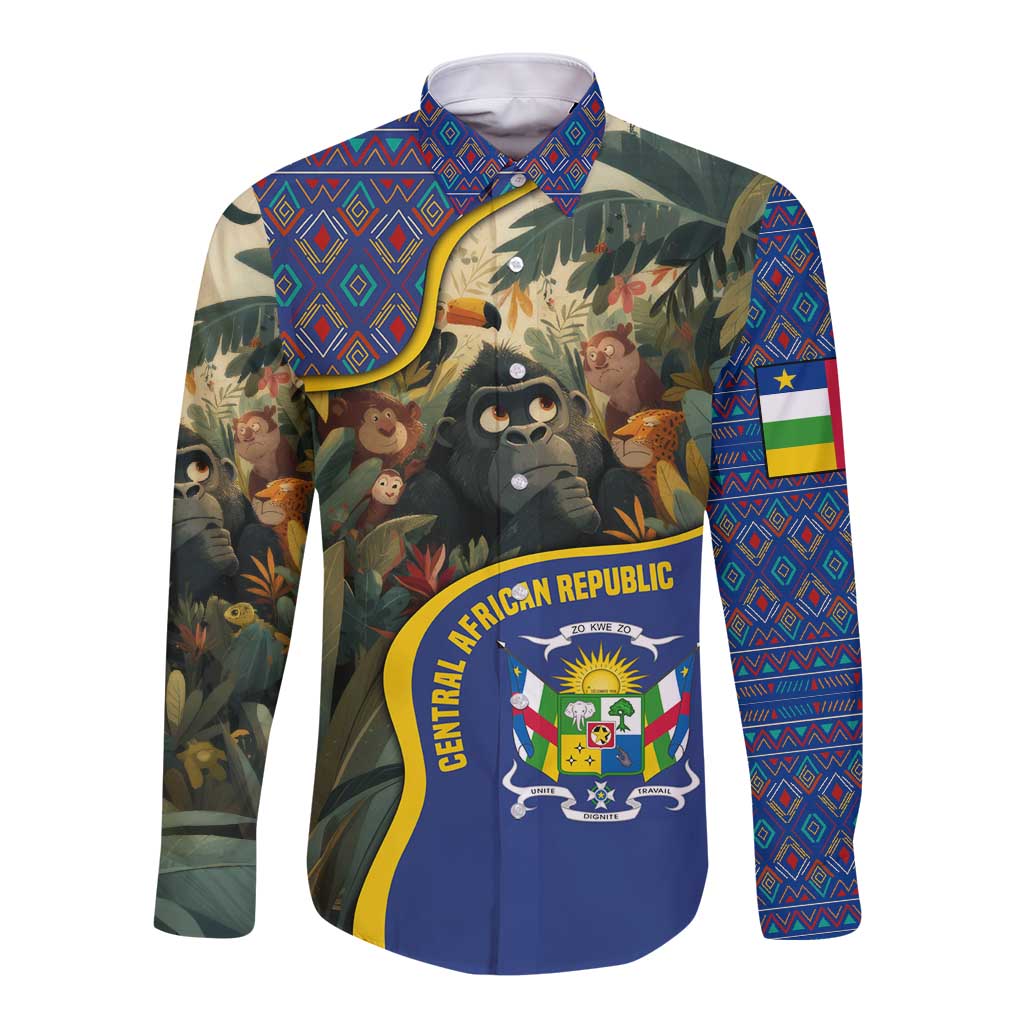 Central African Republic Long Sleeve Button Shirt with Jungle Animal Design and National Emblem Pattern - Wonder Print Shop