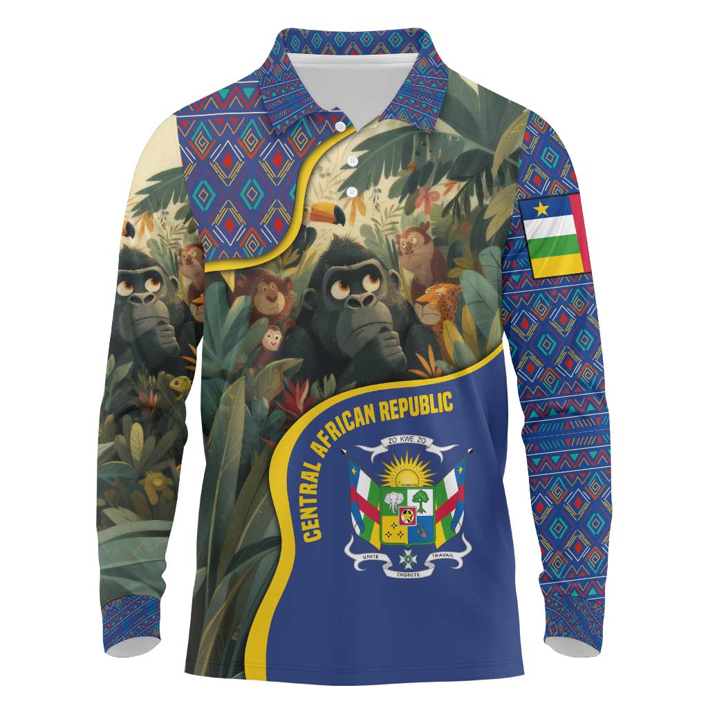 Central African Republic Long Sleeve Polo Shirt with Jungle Animal Design and National Emblem Pattern - Wonder Print Shop