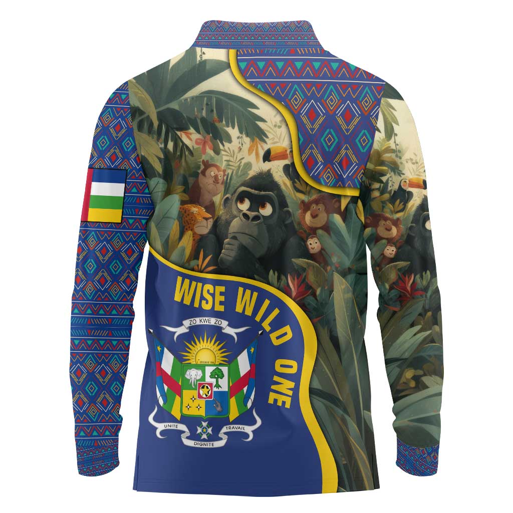 Central African Republic Long Sleeve Polo Shirt with Jungle Animal Design and National Emblem Pattern - Wonder Print Shop