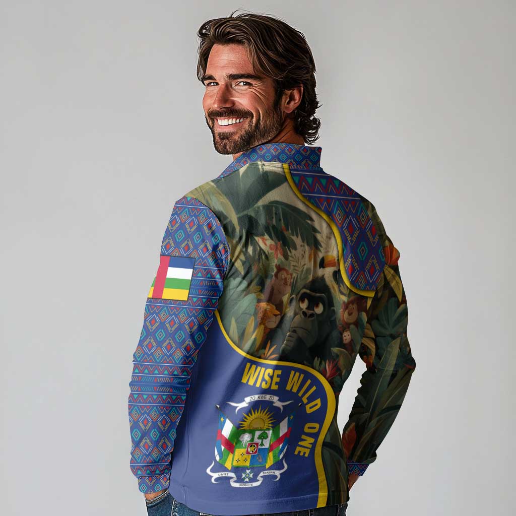 Central African Republic Long Sleeve Polo Shirt with Jungle Animal Design and National Emblem Pattern - Wonder Print Shop