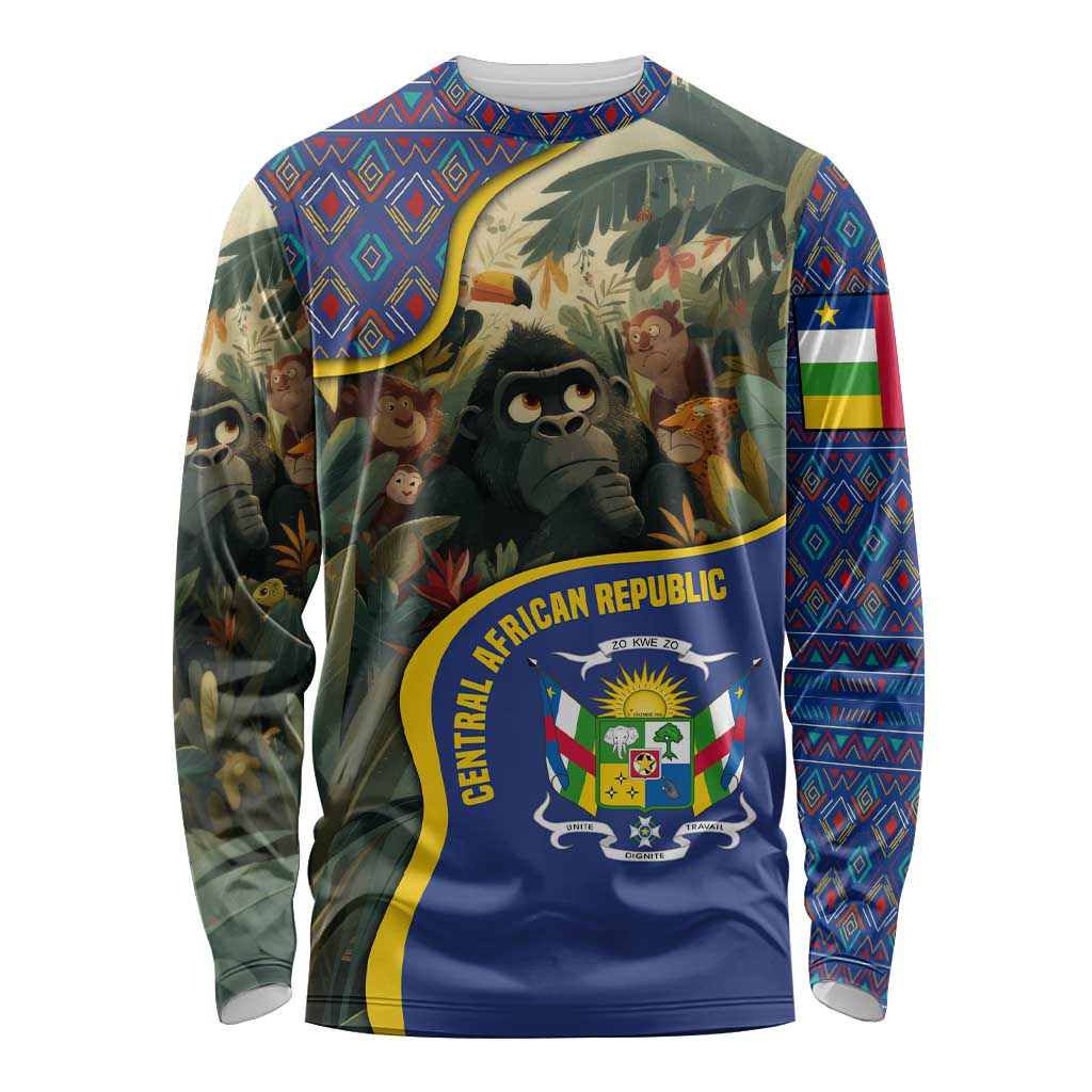 Central African Republic Long Sleeve Shirt with Jungle Animal Design and National Emblem Pattern - Wonder Print Shop