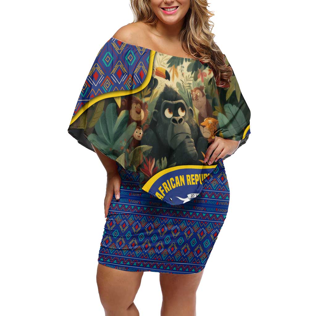 Central African Republic Off Shoulder Short Dress with Jungle Animal Design and National Emblem Pattern - Wonder Print Shop