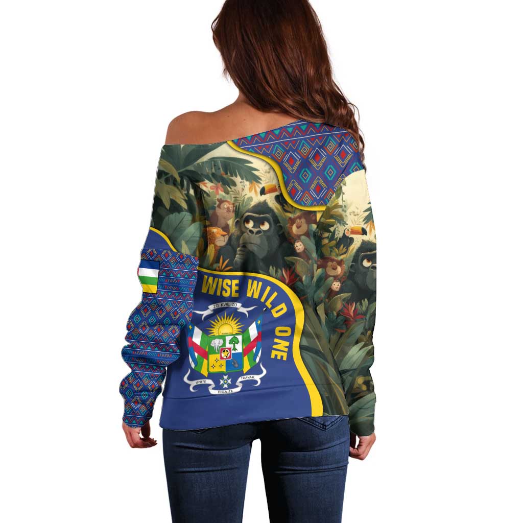 Central African Republic Off Shoulder Sweater with Jungle Animal Design and National Emblem Pattern - Wonder Print Shop