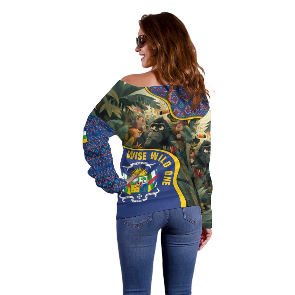 Central African Republic Off Shoulder Sweater with Jungle Animal Design and National Emblem Pattern - Wonder Print Shop