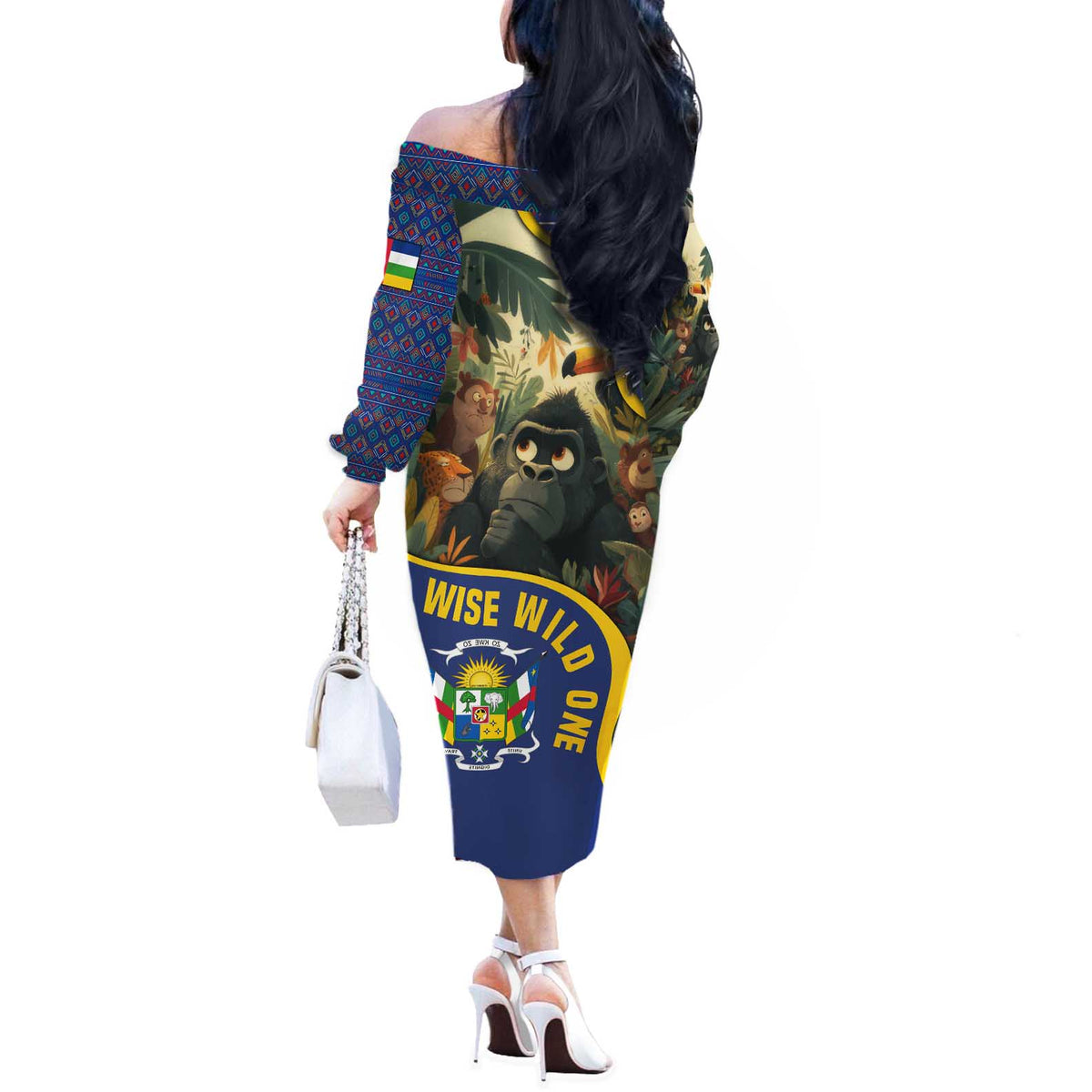 Central African Republic Off The Shoulder Long Sleeve Dress with Jungle Animal Design and National Emblem Pattern - Wonder Print Shop