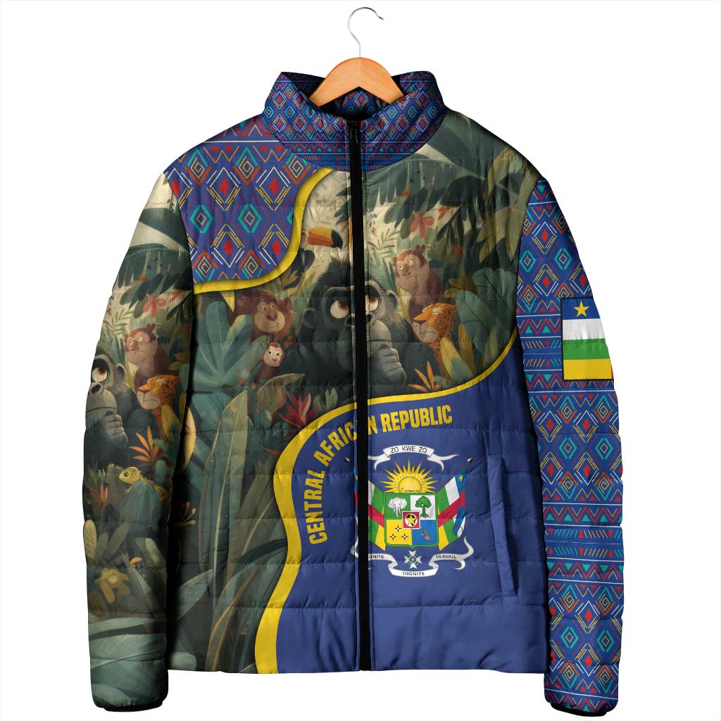 Central African Republic Padded Jacket with Jungle Animal Design and National Emblem Pattern - Wonder Print Shop