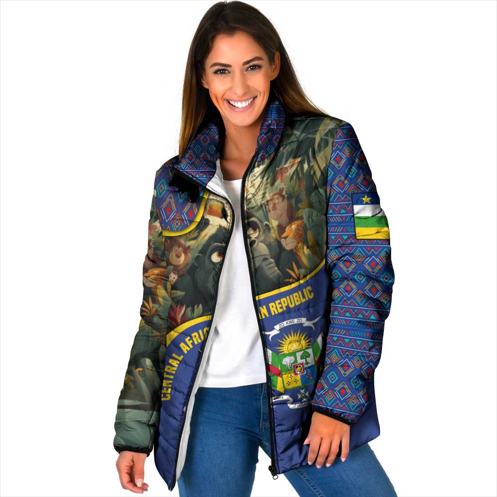 Central African Republic Padded Jacket with Jungle Animal Design and National Emblem Pattern - Wonder Print Shop