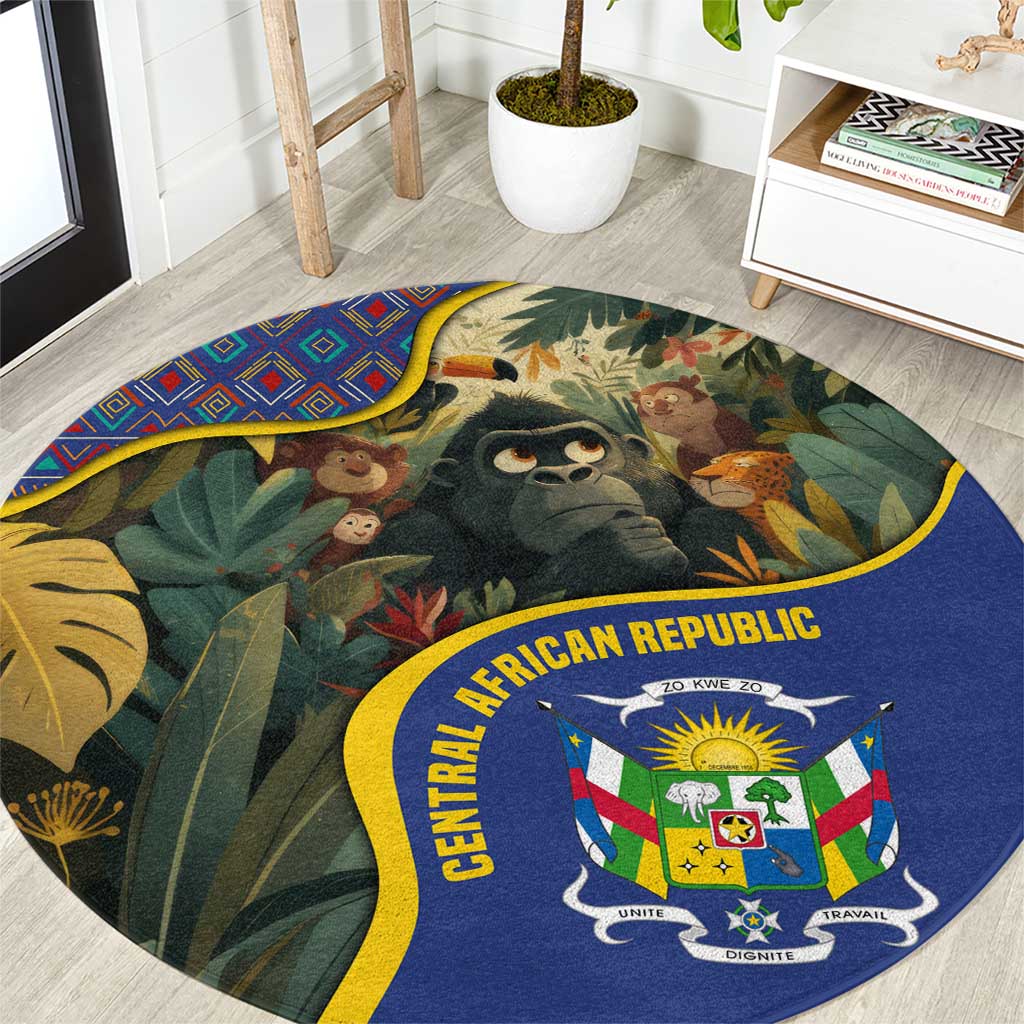 Central African Republic Round Carpet with Jungle Animal Design and National Emblem Pattern - Wonder Print Shop