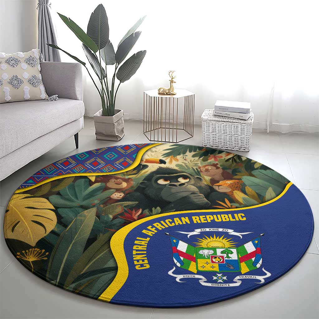 Central African Republic Round Carpet with Jungle Animal Design and National Emblem Pattern - Wonder Print Shop
