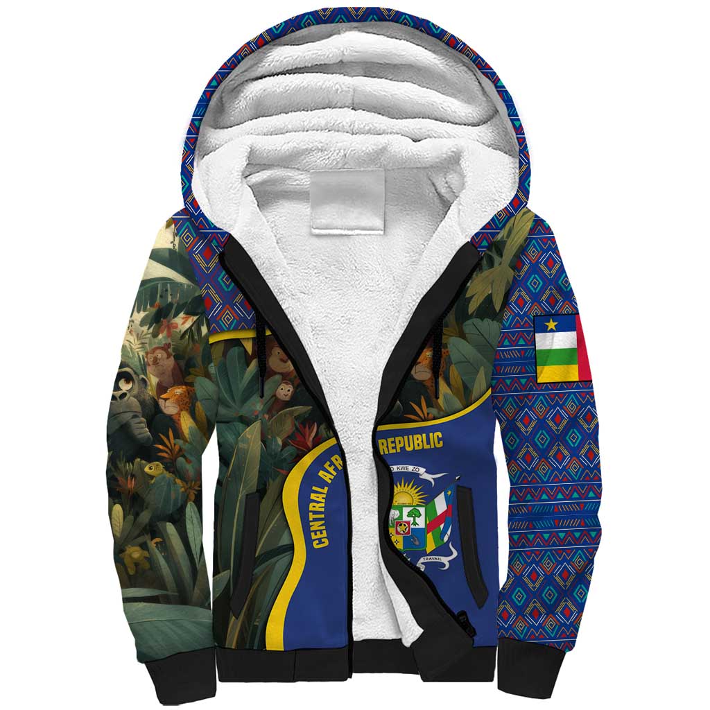 Central African Republic Sherpa Hoodie with Jungle Animal Design and National Emblem Pattern - Wonder Print Shop