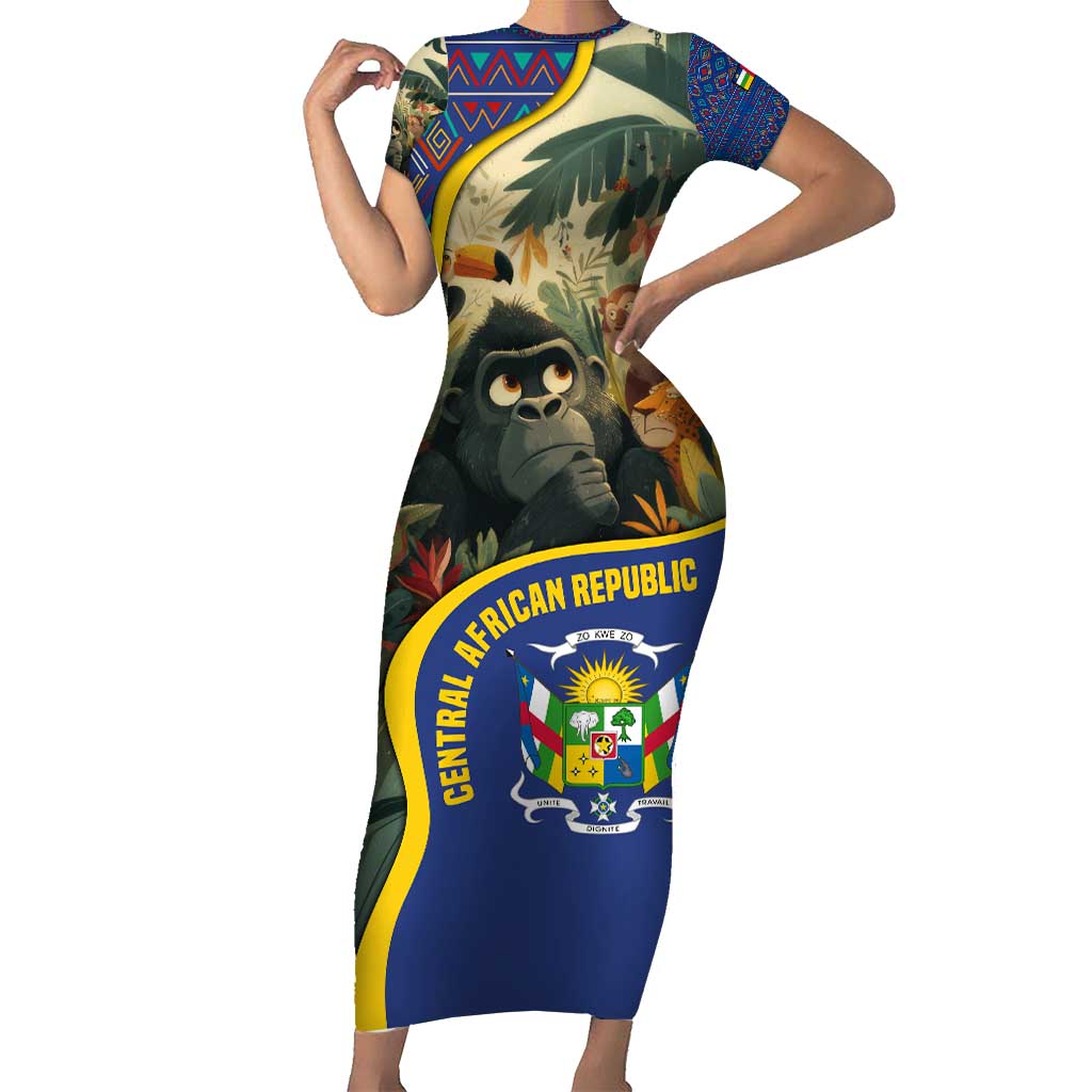 Central African Republic Short Sleeve Bodycon Dress with Jungle Animal Design and National Emblem Pattern - Wonder Print Shop