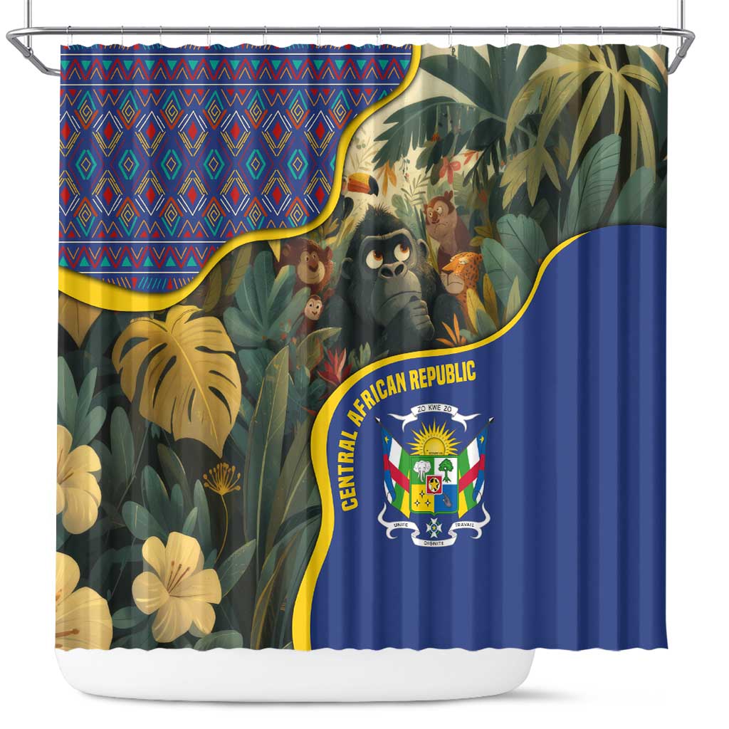 Central African Republic Shower Curtain with Jungle Animal Design and National Emblem Pattern - Wonder Print Shop