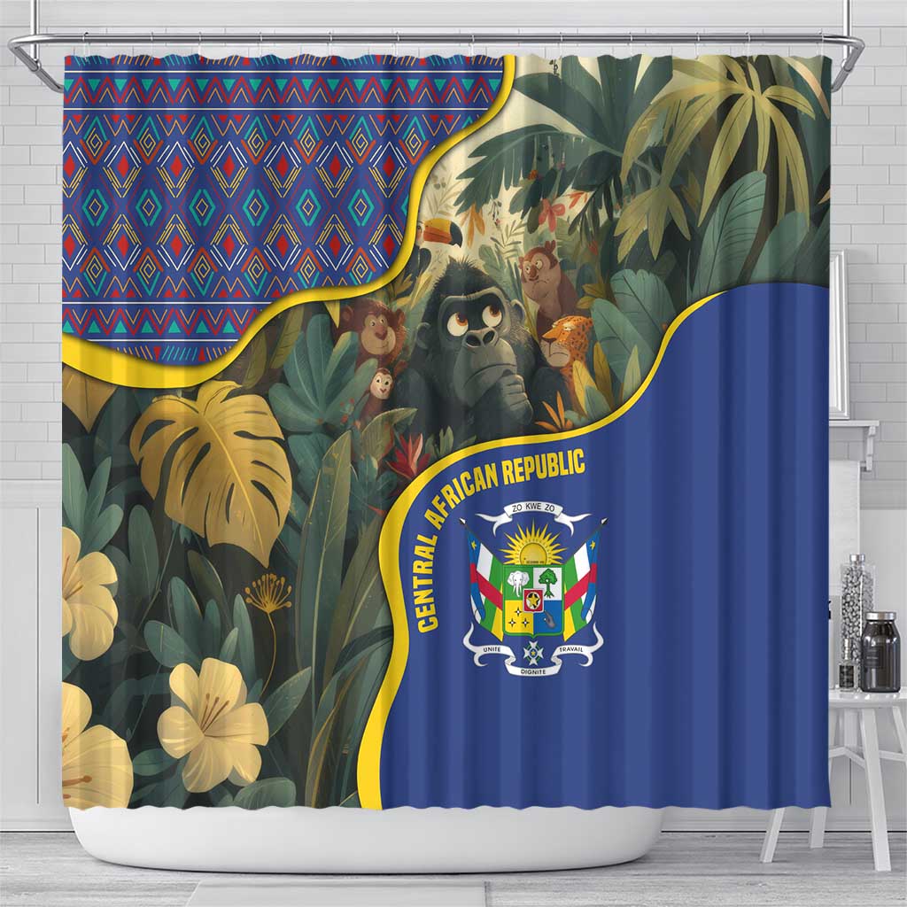 Central African Republic Shower Curtain with Jungle Animal Design and National Emblem Pattern - Wonder Print Shop