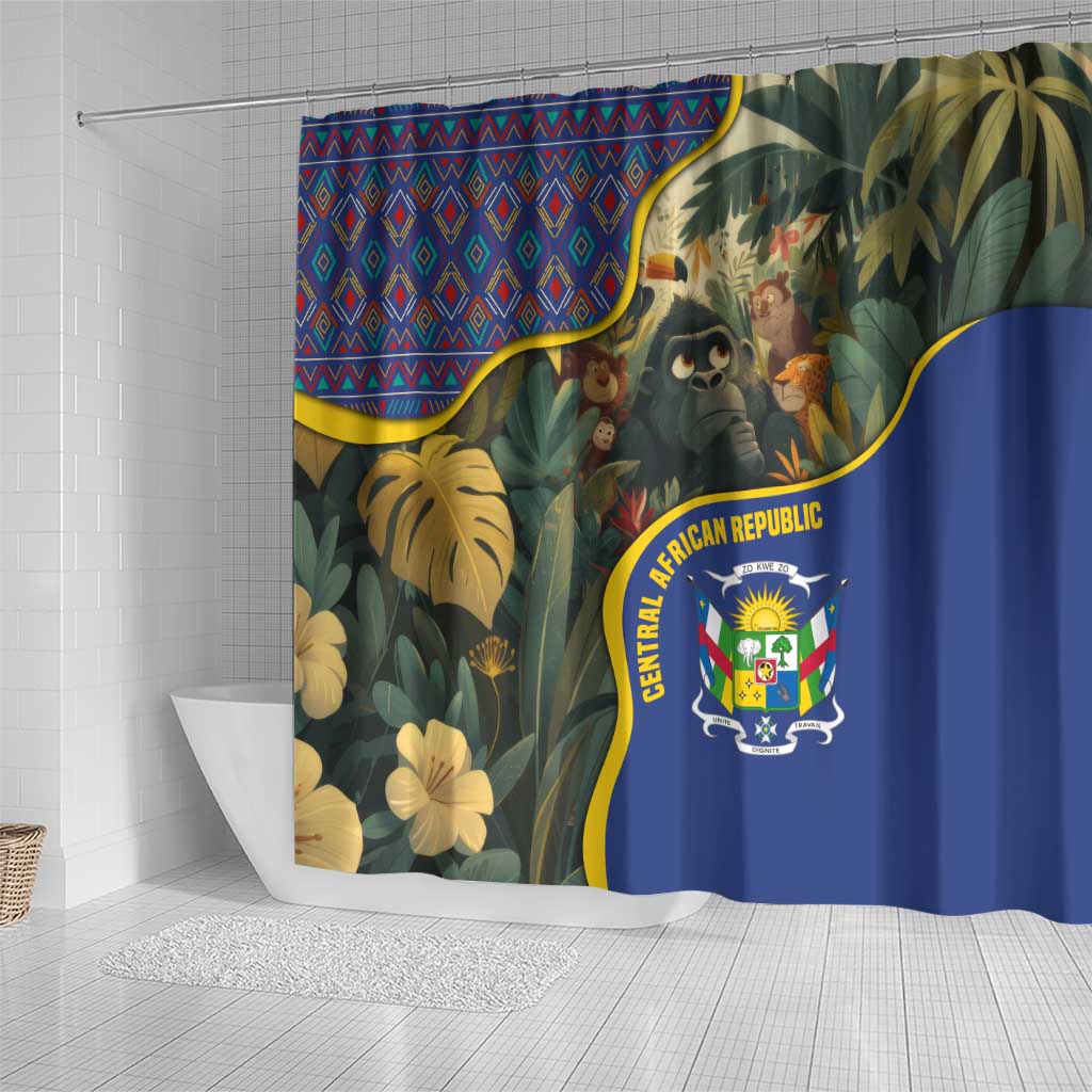Central African Republic Shower Curtain with Jungle Animal Design and National Emblem Pattern - Wonder Print Shop