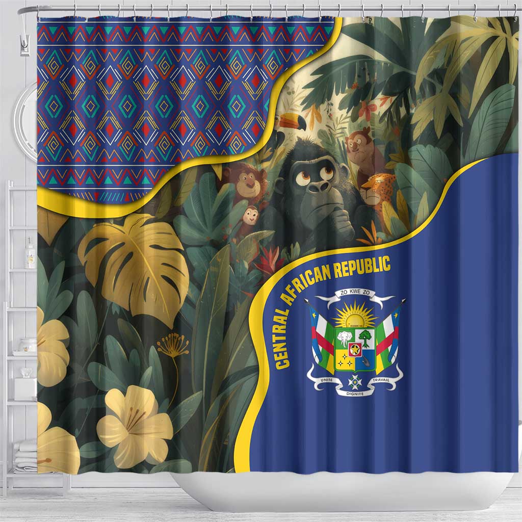 Central African Republic Shower Curtain with Jungle Animal Design and National Emblem Pattern - Wonder Print Shop