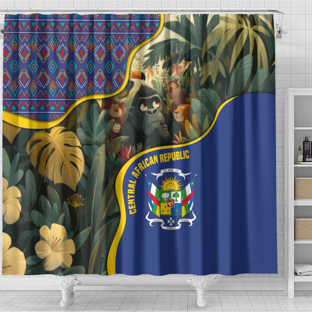 Central African Republic Shower Curtain with Jungle Animal Design and National Emblem Pattern - Wonder Print Shop