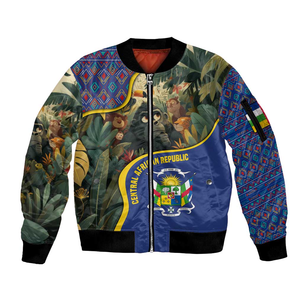 Central African Republic Sleeve Zip Bomber Jacket with Jungle Animal Design and National Emblem Pattern - Wonder Print Shop