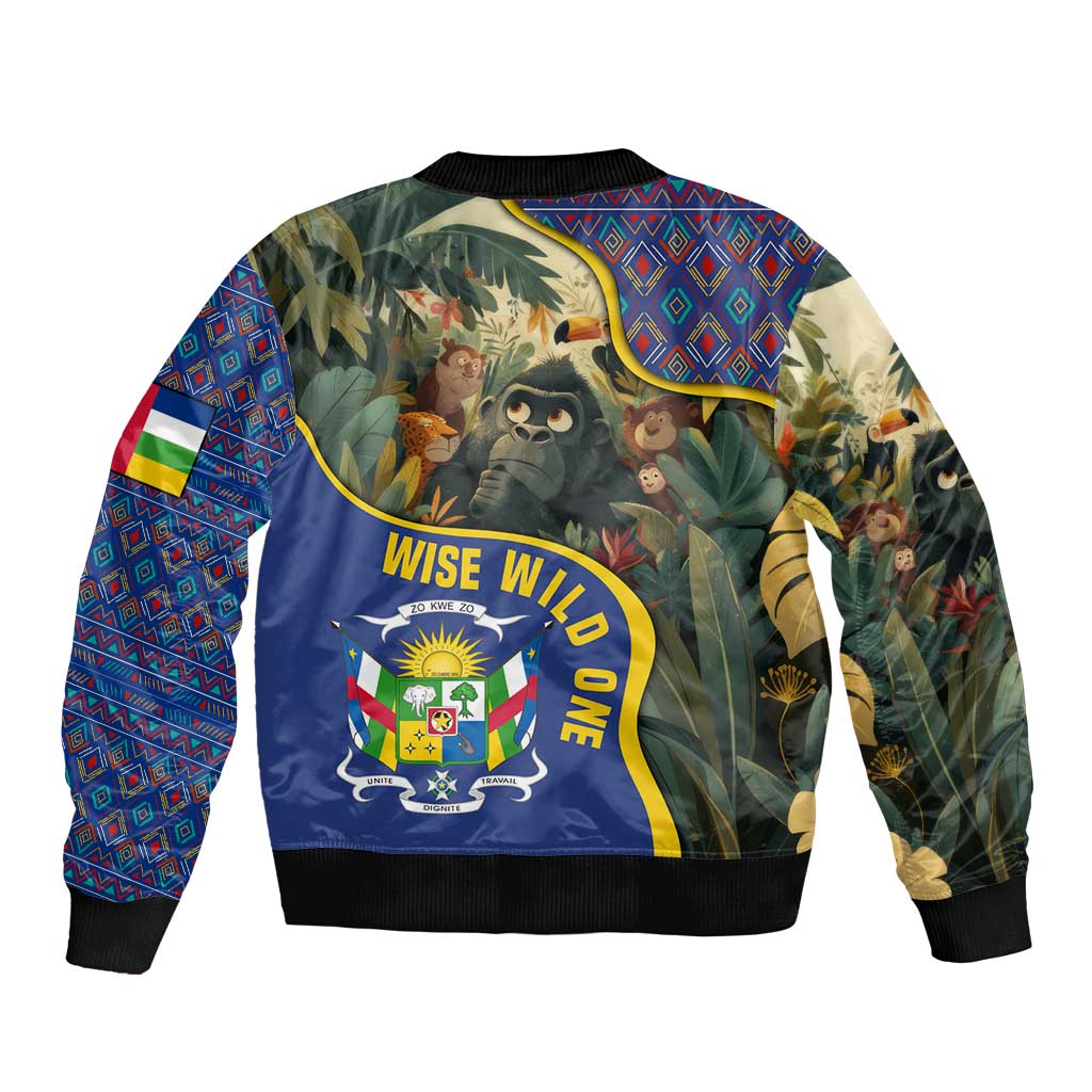 Central African Republic Sleeve Zip Bomber Jacket with Jungle Animal Design and National Emblem Pattern - Wonder Print Shop