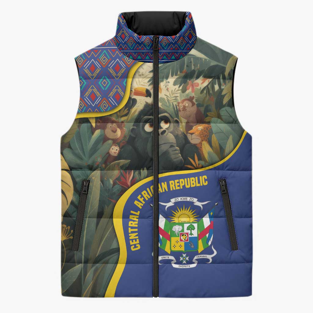 Central African Republic Sleeveless Puffer Jacket with Jungle Animal Design and National Emblem Pattern - Wonder Print Shop
