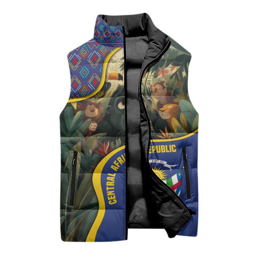 Central African Republic Sleeveless Puffer Jacket with Jungle Animal Design and National Emblem Pattern - Wonder Print Shop