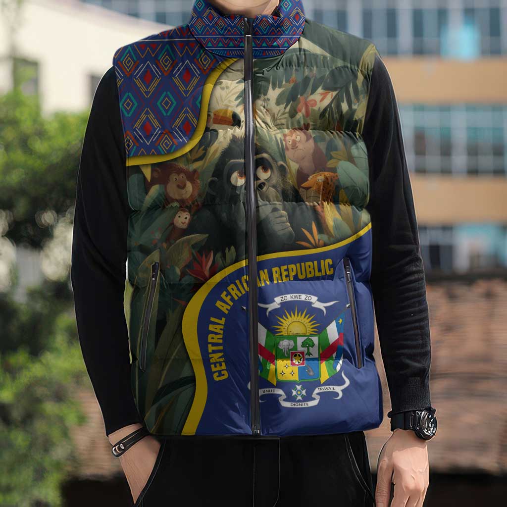 Central African Republic Sleeveless Puffer Jacket with Jungle Animal Design and National Emblem Pattern - Wonder Print Shop