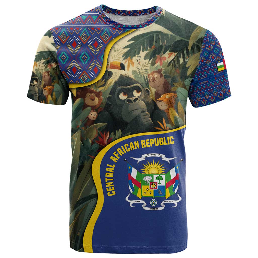 Central African Republic T Shirt with Jungle Animal Design and National Emblem Pattern - Wonder Print Shop
