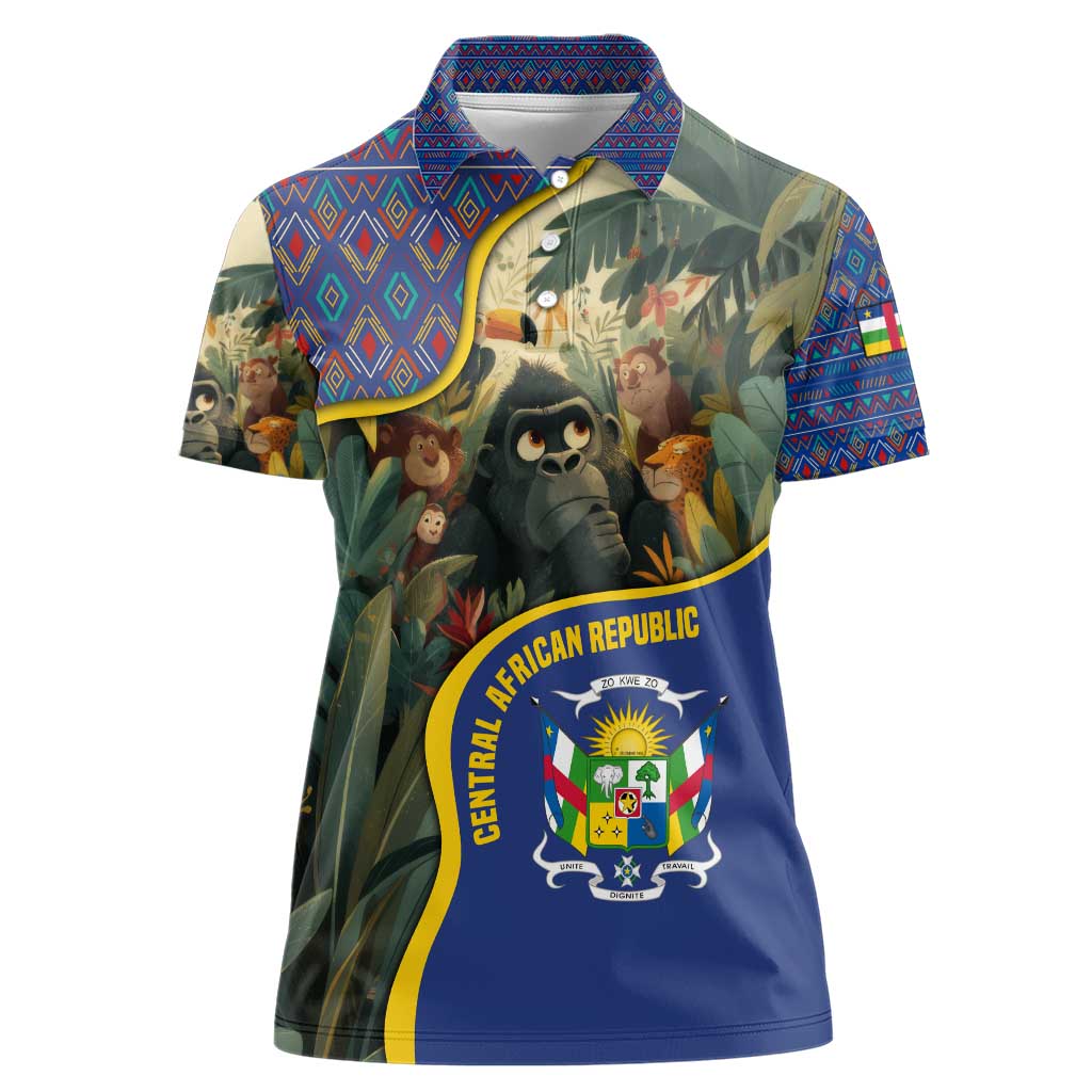 Central African Republic Women Polo Shirt with Jungle Animal Design and National Emblem Pattern - Wonder Print Shop