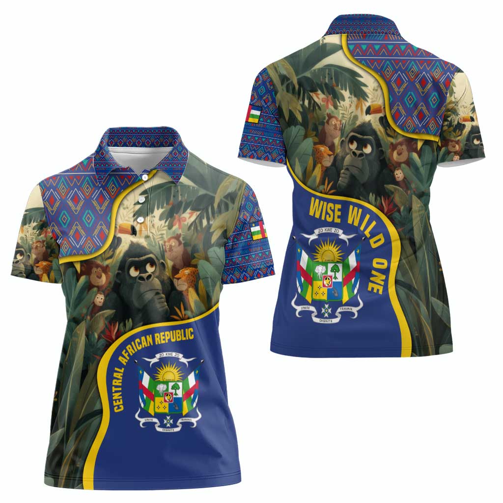 Central African Republic Women Polo Shirt with Jungle Animal Design and National Emblem Pattern - Wonder Print Shop