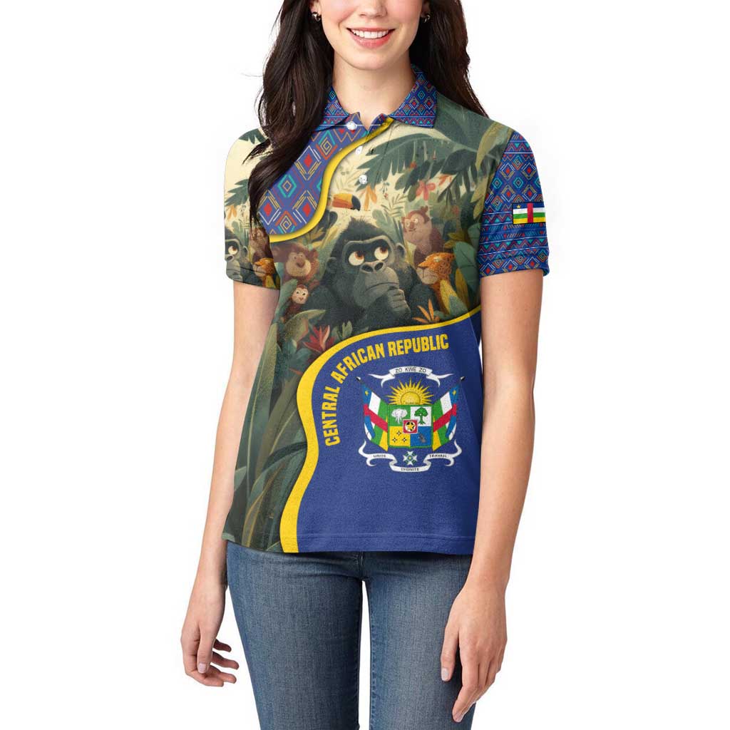 Central African Republic Women Polo Shirt with Jungle Animal Design and National Emblem Pattern - Wonder Print Shop