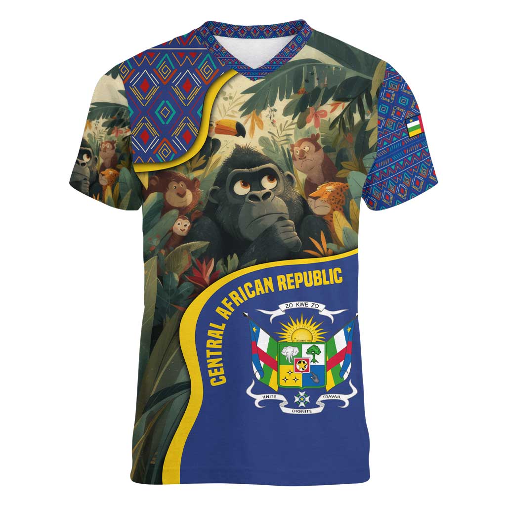 Central African Republic Women V-Neck T-Shirt with Jungle Animal Design and National Emblem Pattern - Wonder Print Shop