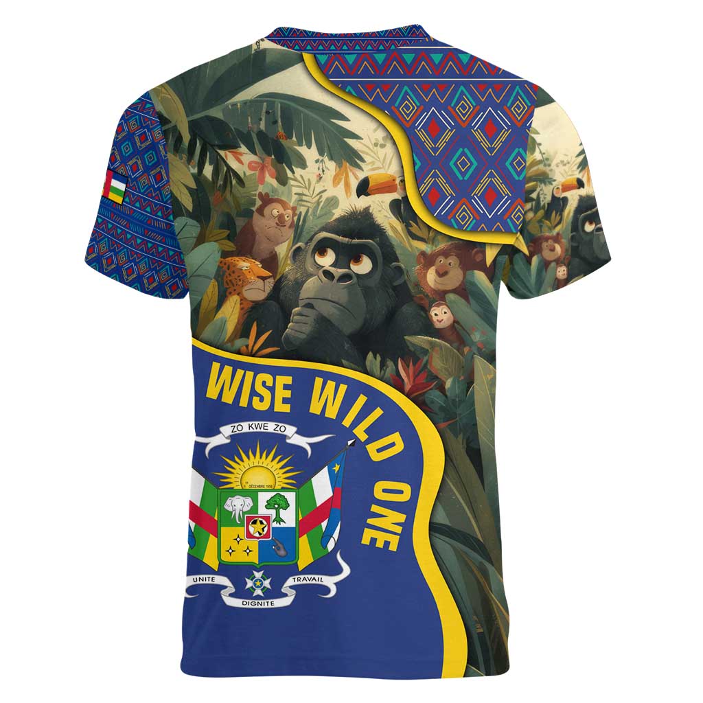 Central African Republic Women V-Neck T-Shirt with Jungle Animal Design and National Emblem Pattern - Wonder Print Shop