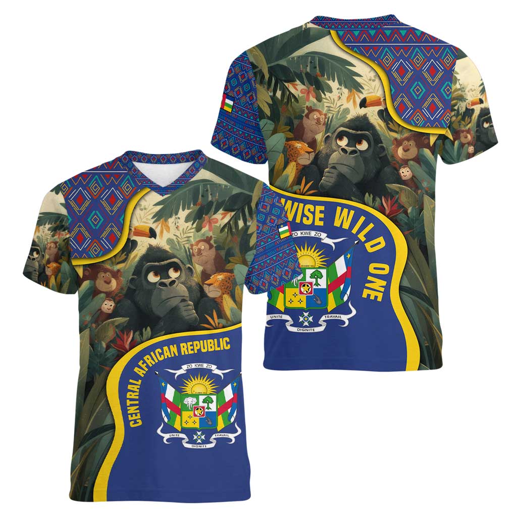 Central African Republic Women V-Neck T-Shirt with Jungle Animal Design and National Emblem Pattern - Wonder Print Shop