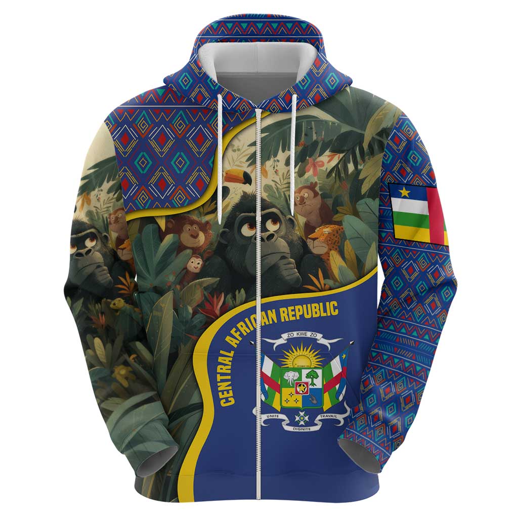 Central African Republic Zip Hoodie with Jungle Animal Design and National Emblem Pattern - Wonder Print Shop