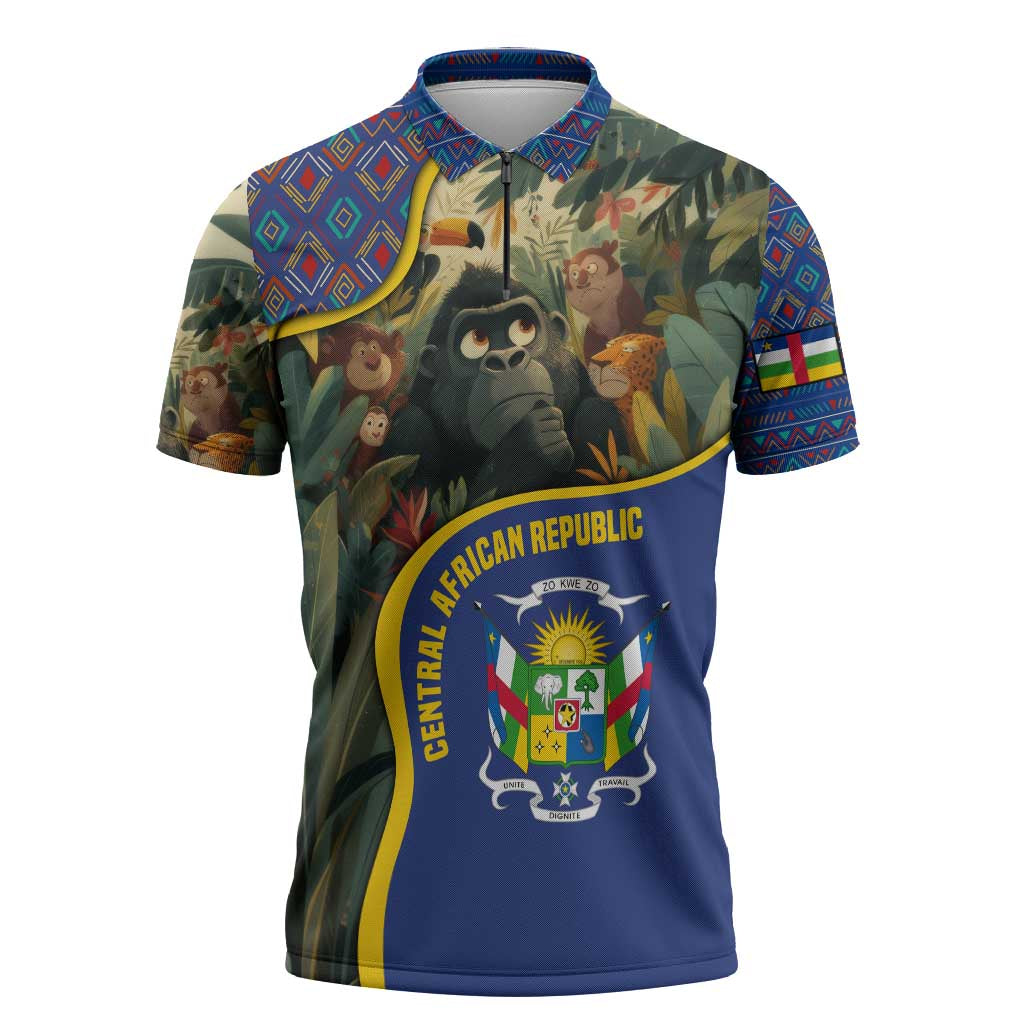 Central African Republic Zipper Polo Shirt with Jungle Animal Design and National Emblem Pattern - Wonder Print Shop