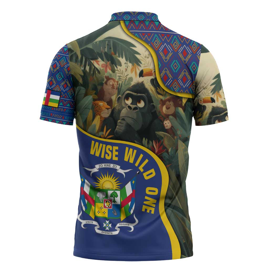 Central African Republic Zipper Polo Shirt with Jungle Animal Design and National Emblem Pattern - Wonder Print Shop