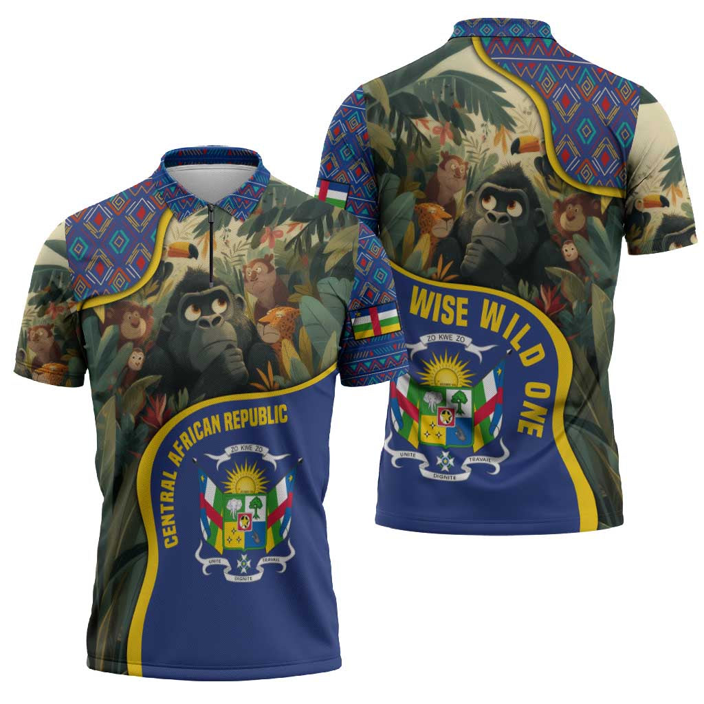 Central African Republic Zipper Polo Shirt with Jungle Animal Design and National Emblem Pattern - Wonder Print Shop