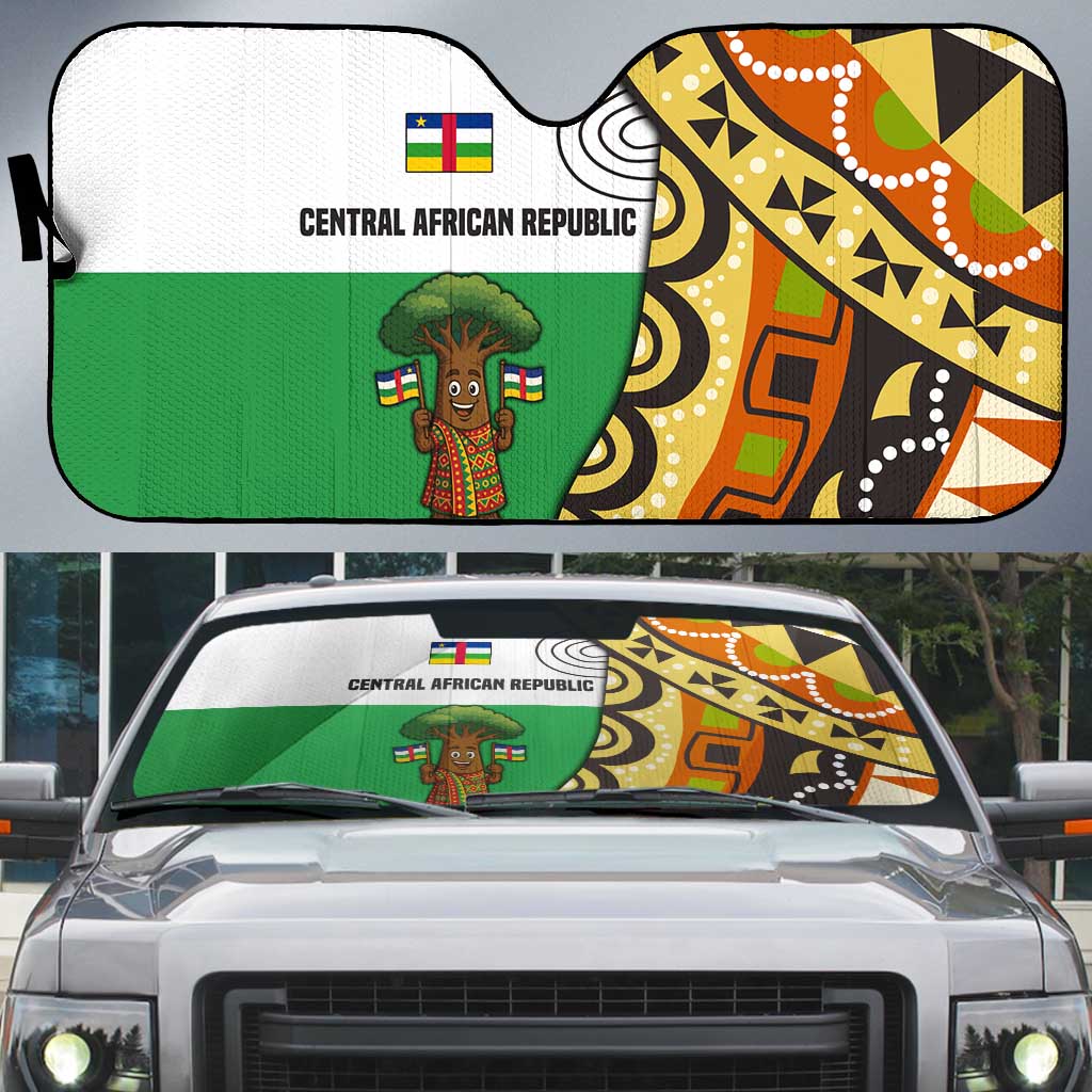 Central African Republic Auto Sun Shade with Cartoon Baobab Design and Flag Pattern - Wonder Print Shop
