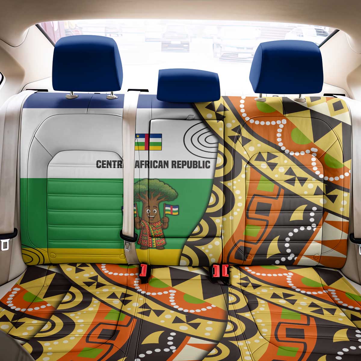 Central African Republic Back Car Seat Cover with Cartoon Baobab Design and Flag Pattern - Wonder Print Shop