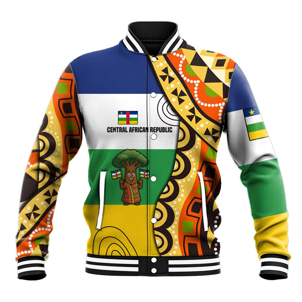 Central African Republic Baseball Jacket with Cartoon Baobab Design and Flag Pattern - Wonder Print Shop