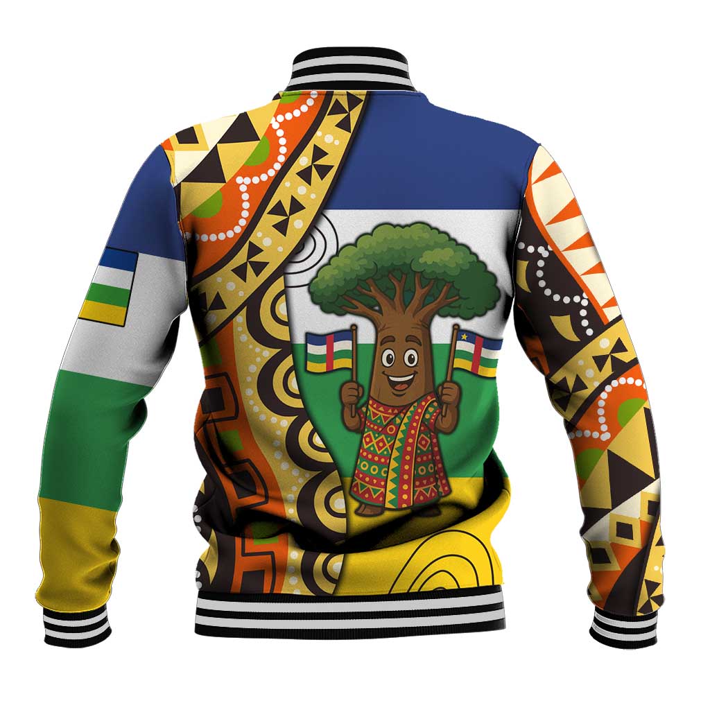 Central African Republic Baseball Jacket with Cartoon Baobab Design and Flag Pattern - Wonder Print Shop