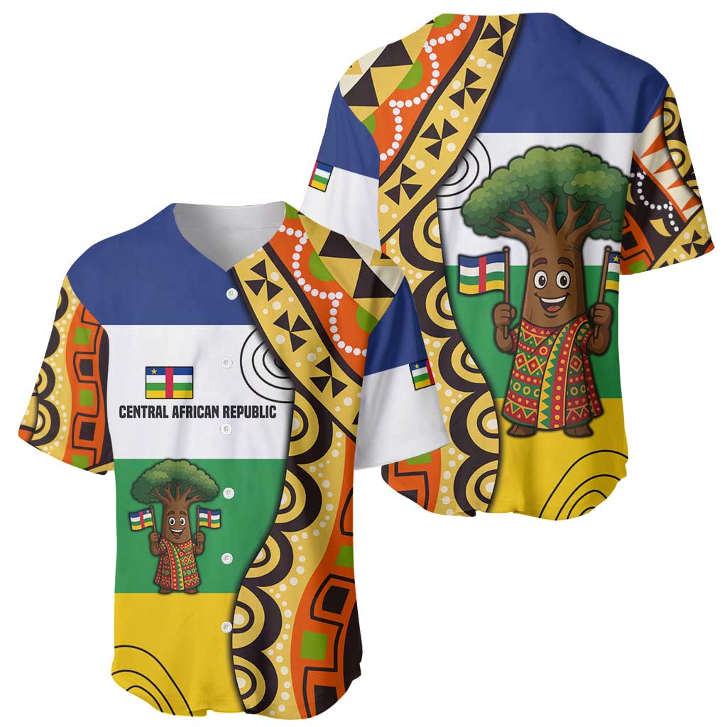 Central African Republic Baseball Jersey with Cartoon Baobab Design and Flag Pattern - Wonder Print Shop