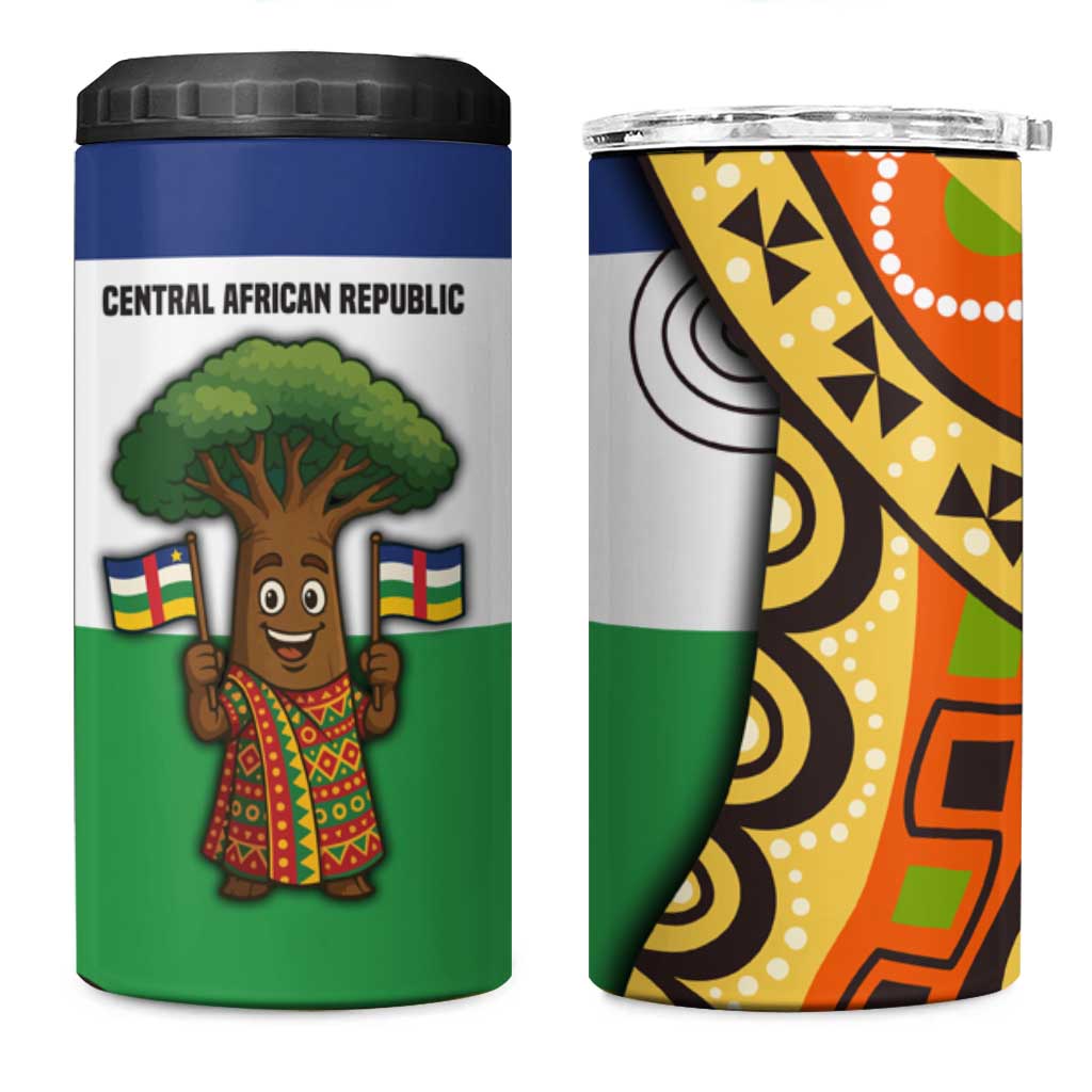 Central African Republic 4 in 1 Can Cooler Tumbler with Cartoon Baobab Design and Flag Pattern - Wonder Print Shop