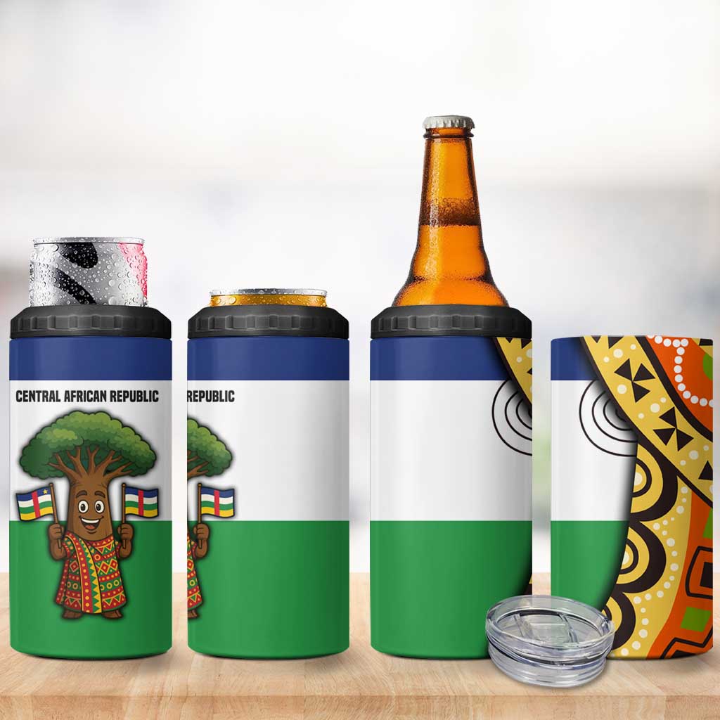 Central African Republic 4 in 1 Can Cooler Tumbler with Cartoon Baobab Design and Flag Pattern - Wonder Print Shop
