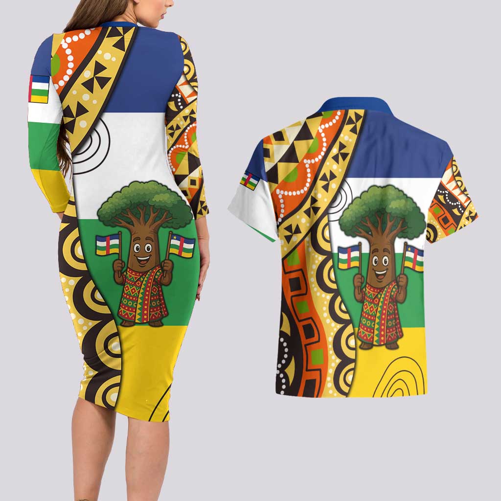 Central African Republic Couples Matching Long Sleeve Bodycon Dress and Hawaiian Shirt with Cartoon Baobab Design and Flag Pattern - Wonder Print Shop