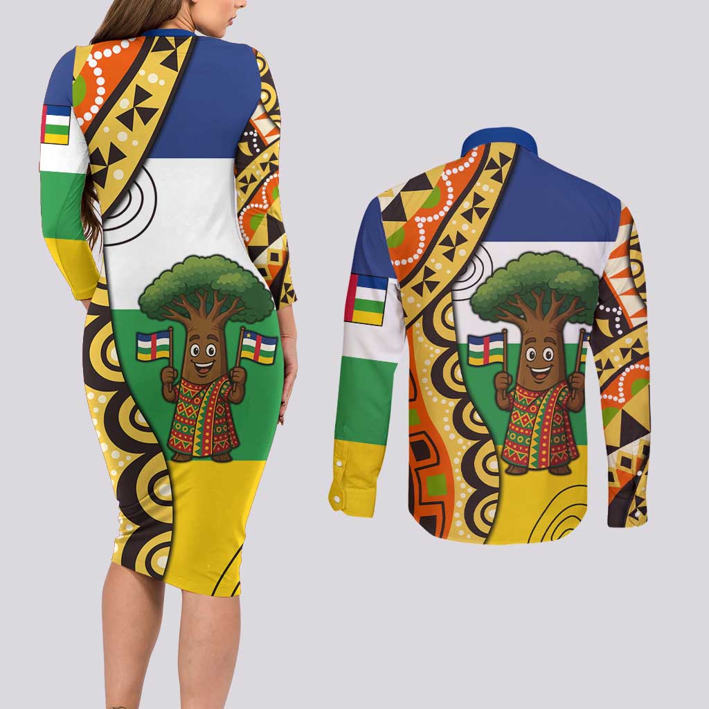 Central African Republic Couples Matching Long Sleeve Bodycon Dress and Long Sleeve Button Shirt with Cartoon Baobab Design and Flag Pattern - Wonder Print Shop