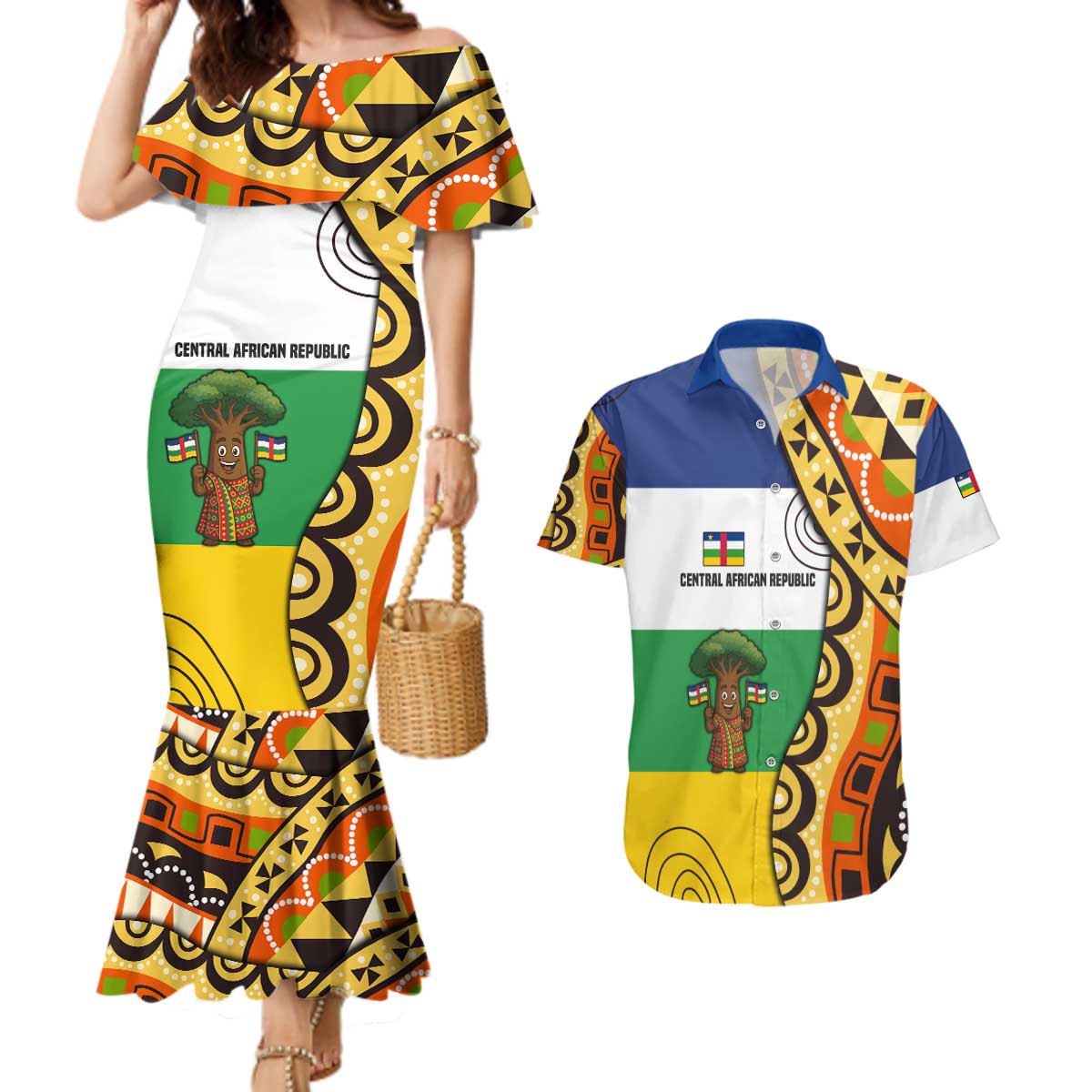 Central African Republic Couples Matching Mermaid Dress and Hawaiian Shirt with Cartoon Baobab Design and Flag Pattern - Wonder Print Shop
