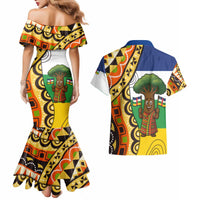 Central African Republic Couples Matching Mermaid Dress and Hawaiian Shirt with Cartoon Baobab Design and Flag Pattern - Wonder Print Shop