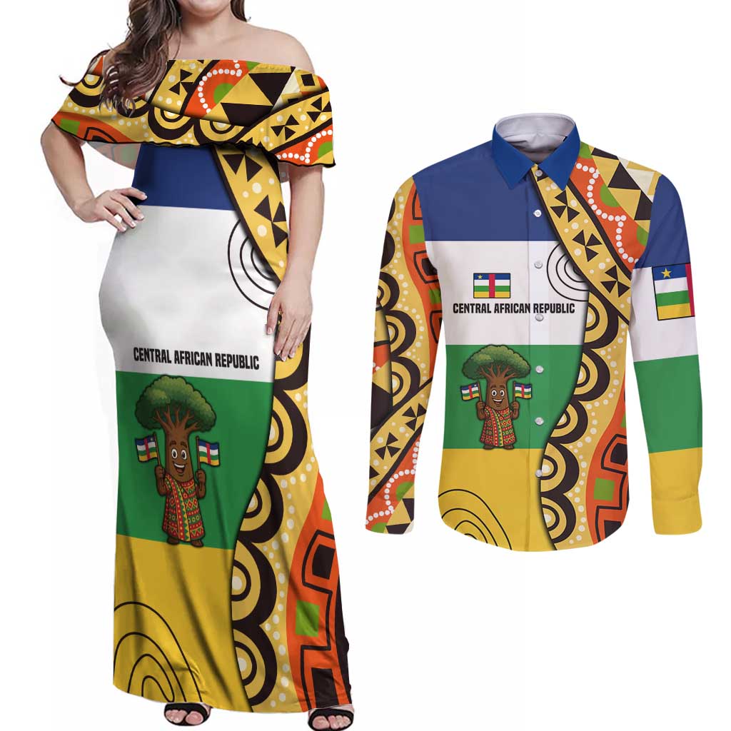 Central African Republic Couples Matching Off Shoulder Maxi Dress and Long Sleeve Button Shirt with Cartoon Baobab Design and Flag Pattern - Wonder Print Shop