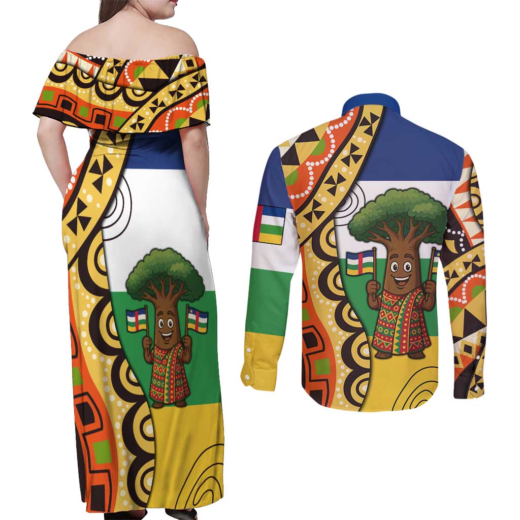 Central African Republic Couples Matching Off Shoulder Maxi Dress and Long Sleeve Button Shirt with Cartoon Baobab Design and Flag Pattern - Wonder Print Shop